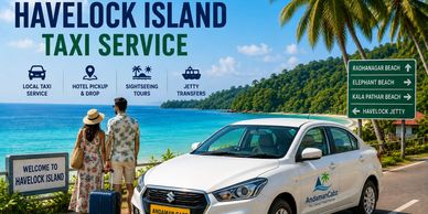 Couple at Havelock Island taxi service with white car and scenic beach.