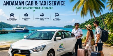 Andaman Cab & Taxi Service with tourists by a white car near the beach.