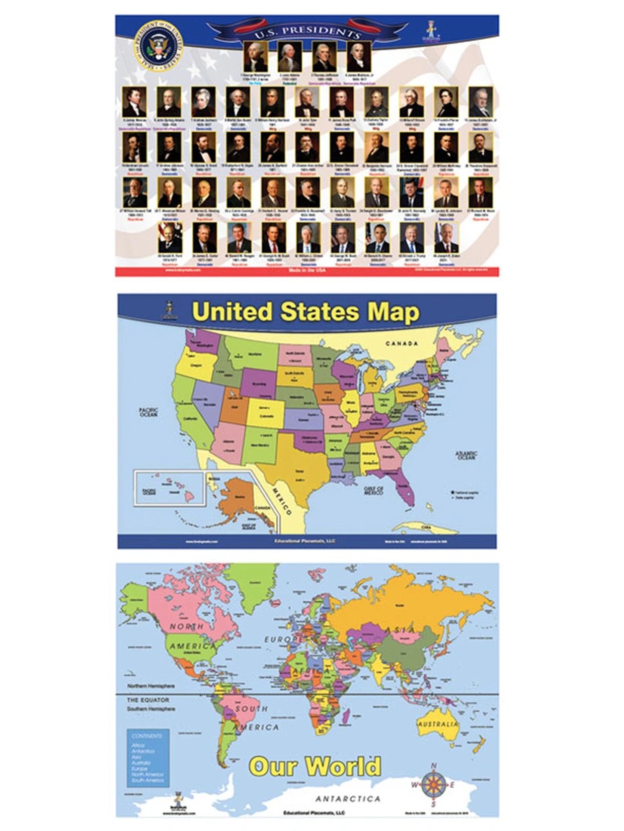 Educational placemats for kids presidents- USA map-world map-washable-non-slip table mat for kid