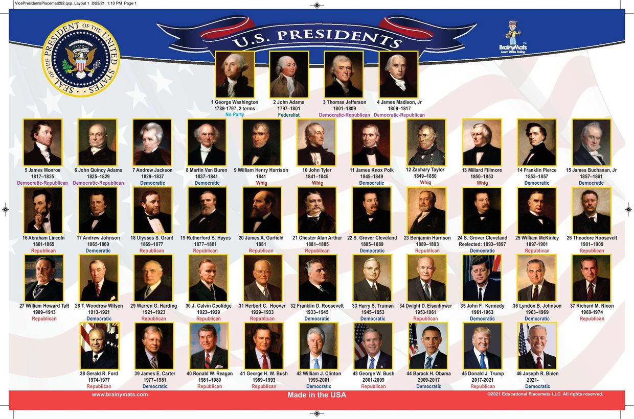 Educational placemat for kids presidents of the united states biden and trump washable writable