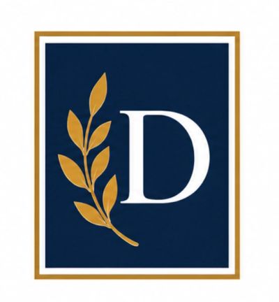 Elegant navy and gold logo featuring the letter D with a leafy branch.