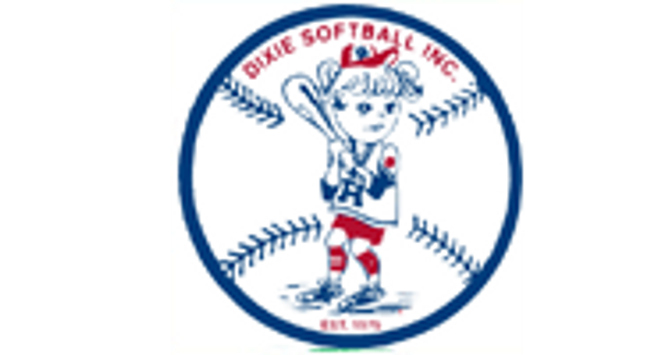 dixie softball logo with a with girl holding a bat on a baseball background