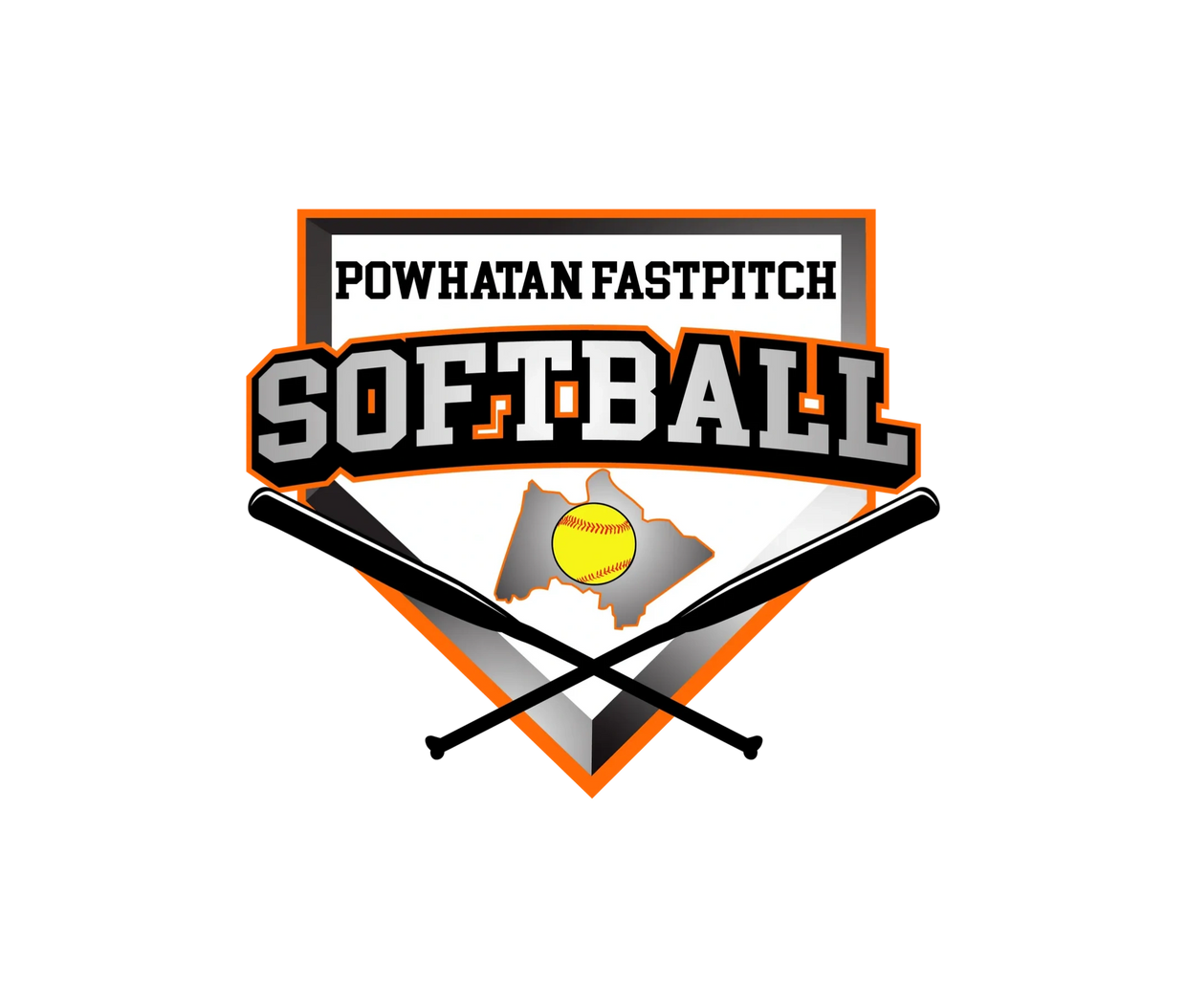 Powhatan Fastpitch Softball Logo. Two baseballs bats one softball outline of Powhatan County