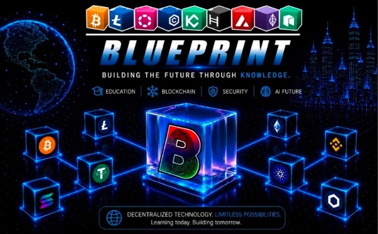 Futuristic blockchain technology and education theme with digital cubes and Earth.