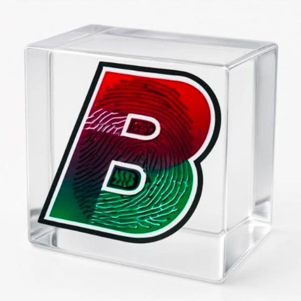 Clear cube with a colorful B and fingerprint design.