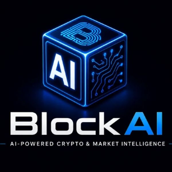 Glowing BlockAI logo representing AI and blockchain technology.