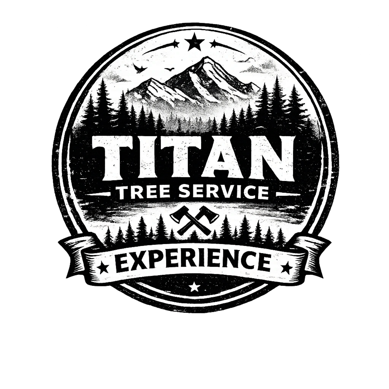 Logo for Titan Tree Service with a mountain and forest design.