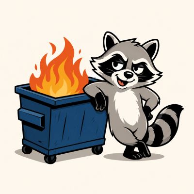 Cool raccoon leaning on a dumpster fire.