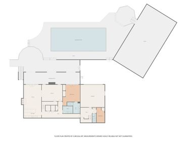 Detailed floor plan showing rooms, patios, garage, and pool with measurements and total square footage.