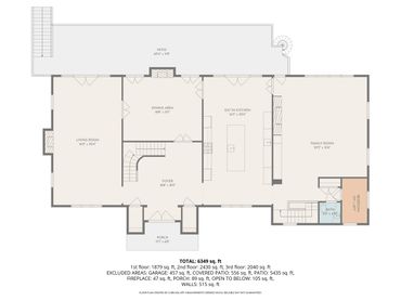 First floor plan with living room, dining area, kitchen, family room, bedroom, bath, foyer, porch, and patio.