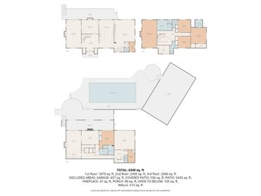 Detailed three-floor house plan with rooms, pool, patios, and garage layout.