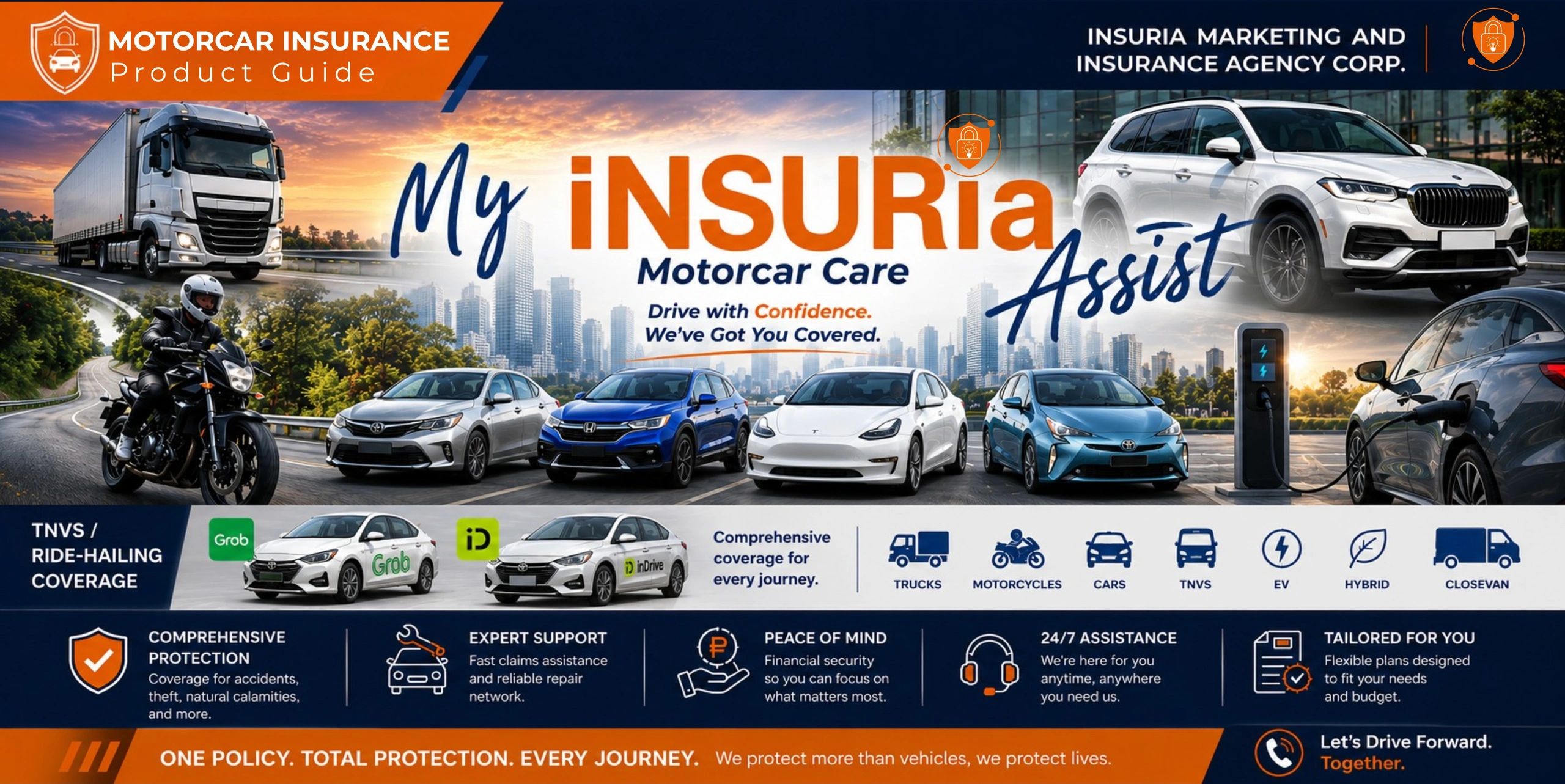 Motorcar insurance guide featuring coverage for various vehicle types and 24/7 assistance.