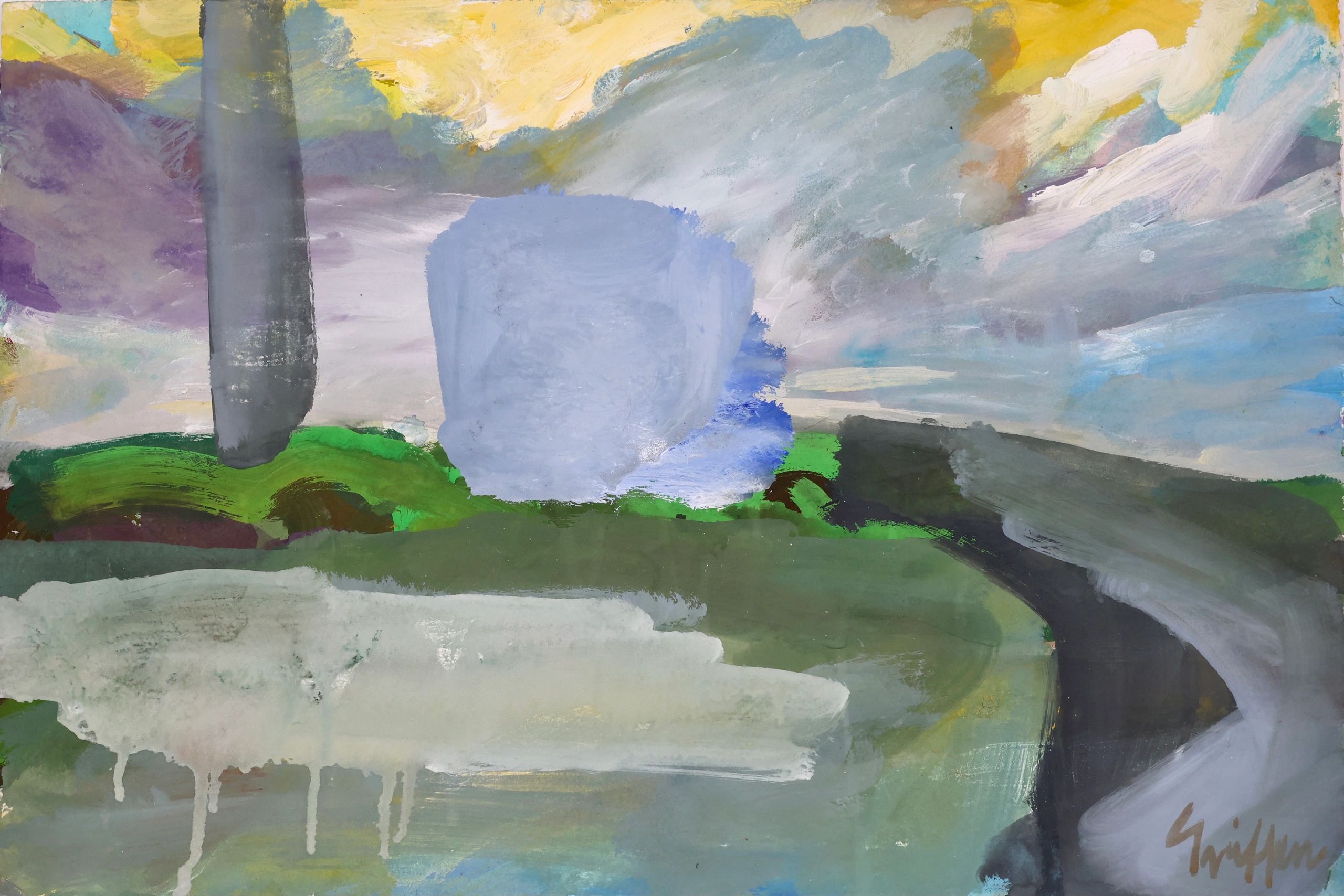 Abstract painting with bold brushstrokes in blues, greens, and yellows.