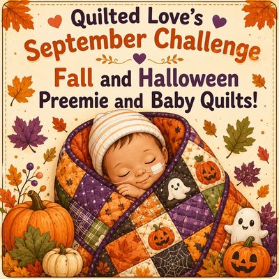 Sleeping baby wrapped in Halloween-themed quilt with pumpkins and leaves.
