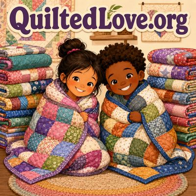 Two kids wrapped in colorful quilts with QuiltedLove.org text.
