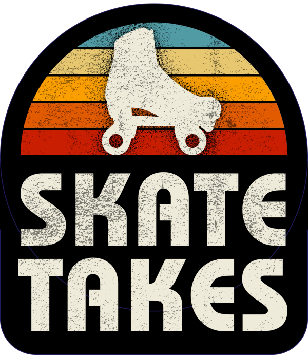 Vintage style roller skate logo with the words 'Skate Takes'.