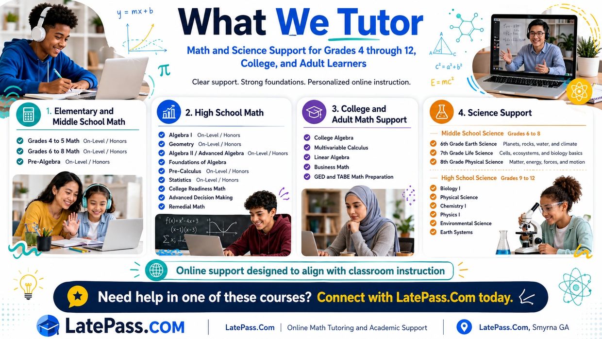 Online tutoring offers math and science support for grades 4 to adult learners.