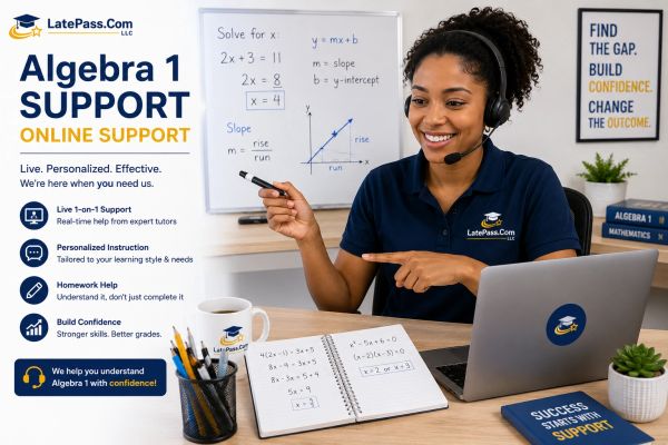 Online Algebra 1 support with a smiling tutor explaining slope on a whiteboard.