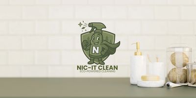 Logo for eco-friendly cleaning service on tiled wall.