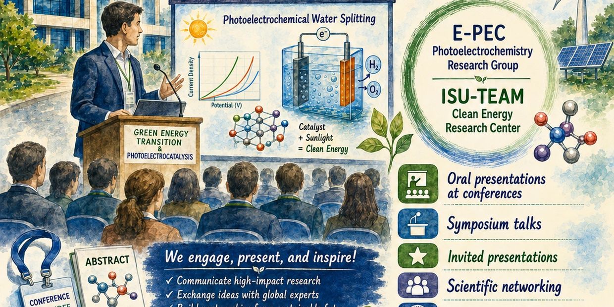 A presenter discusses green energy and photoelectrocatalysis to an attentive audience.