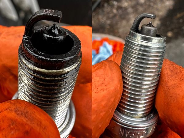 Before and after photos of spark plugs being cleaned. Petrol in diesel Taunton