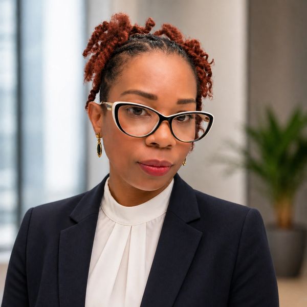 Professional woman with glasses and red braided hair in office attire.