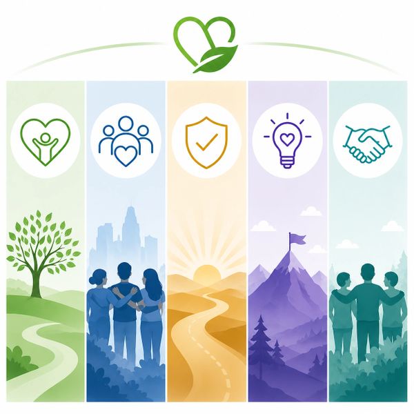 Illustration of growth, community, safety, innovation, and partnership values.