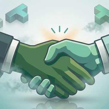 Two stylized hands shaking in agreement with abstract shapes in the background.