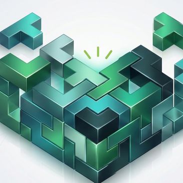3D Tetris-like blocks forming a heart shape in green and blue shades.