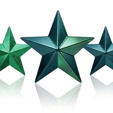 Three shiny green stars of different sizes on a white background.