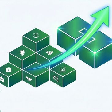 Green blocks with business icons and an upward arrow symbolizing growth.