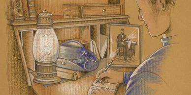 Illustration of Fredrick R. Baker writing in his diary