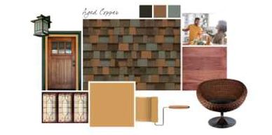 Mood board featuring aged copper, warm wood tones, and rustic design elements.