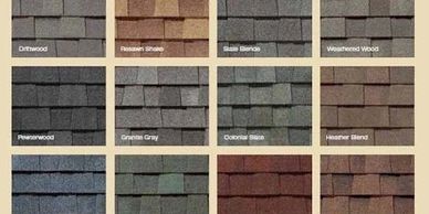 Grid of roofing shingles with 16 different color samples labeled.
