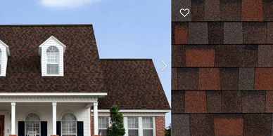 House with brown and red asphalt shingle roof and close-up of shingles.