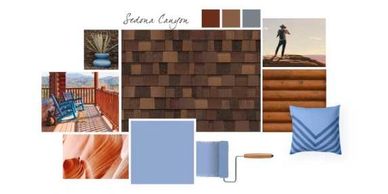 Sedona Canyon inspired color palette with wood textures and blue accents.