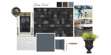 Mood board showcasing Storm Cloud color palette and design elements for an outdoor space.