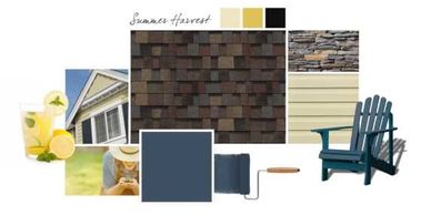 Mood board featuring summer harvest colors with navy, stone, and beige accents.