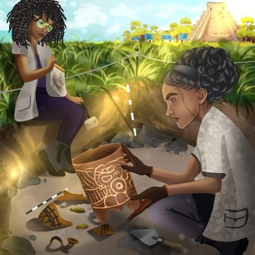 Two Latina archaeologists are excavating a site with broken pottery.