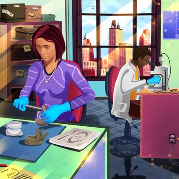 Two dental anthropologists examining human teeth. One person is using a microscope.