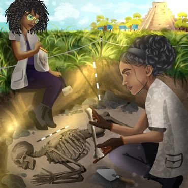 Two Latina archaeologists are excavating a human burial. One of them is looking at a tibia.