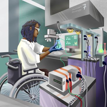 A Black woman with braids in a wheelchair is analyzing a chemical in a human biology lab.