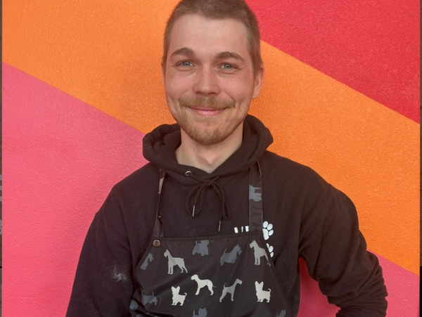 Smiling man in dog-patterned apron against colorful wall.