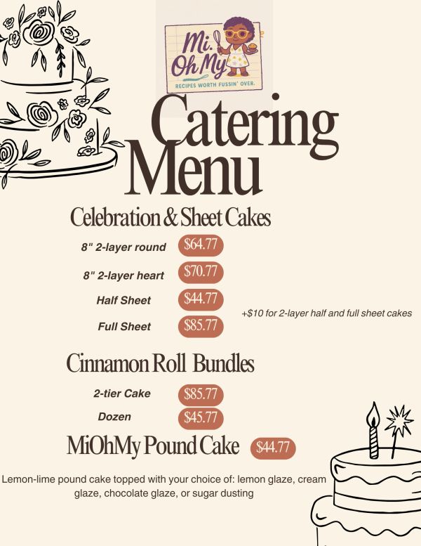 Catering menu for cakes and cinnamon rolls with prices.
