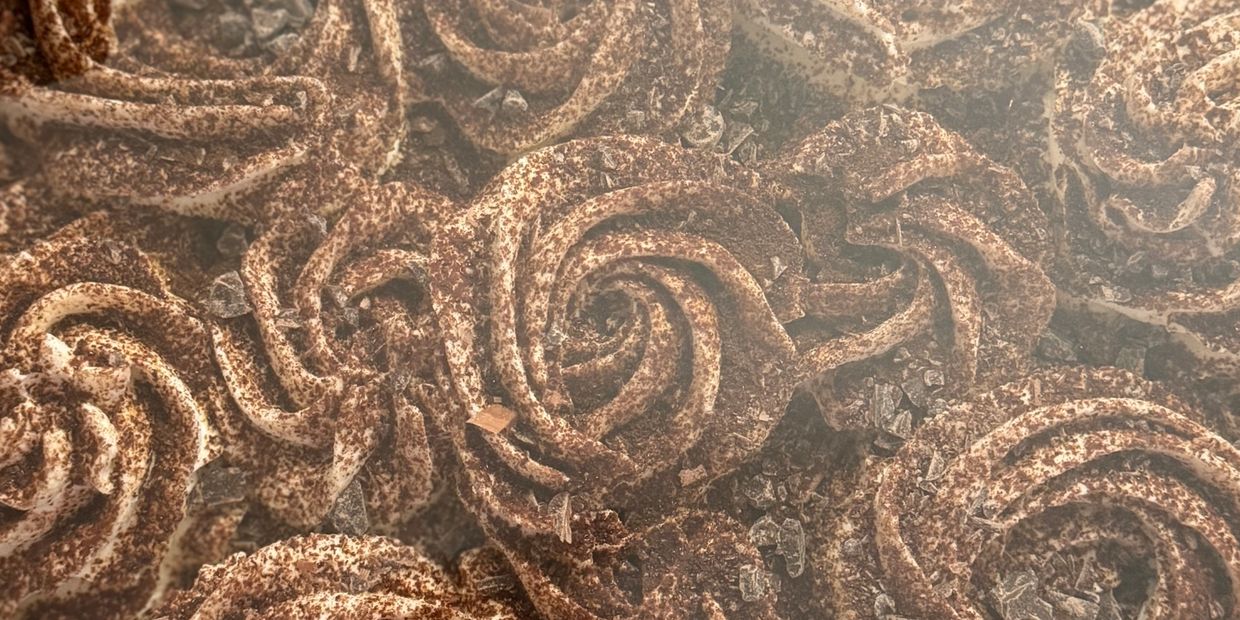 Close-up of chocolate-flavored cream swirls dusted with cocoa powder.
