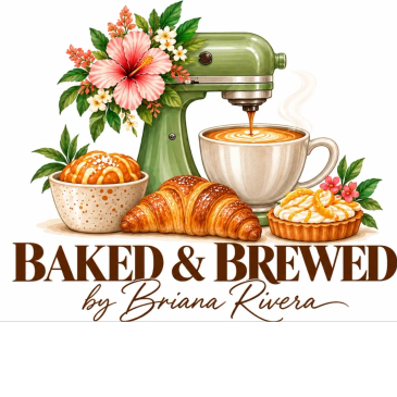 Logo con máquina de café, repostería y flores.