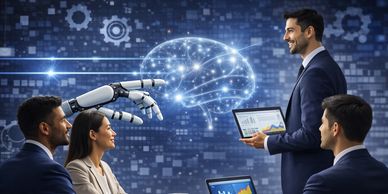 Business team discussing AI and data analytics with a robotic hand and digital brain.