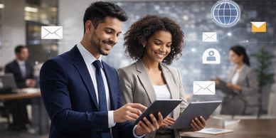 Two business professionals smiling while using tablets with digital communication icons.