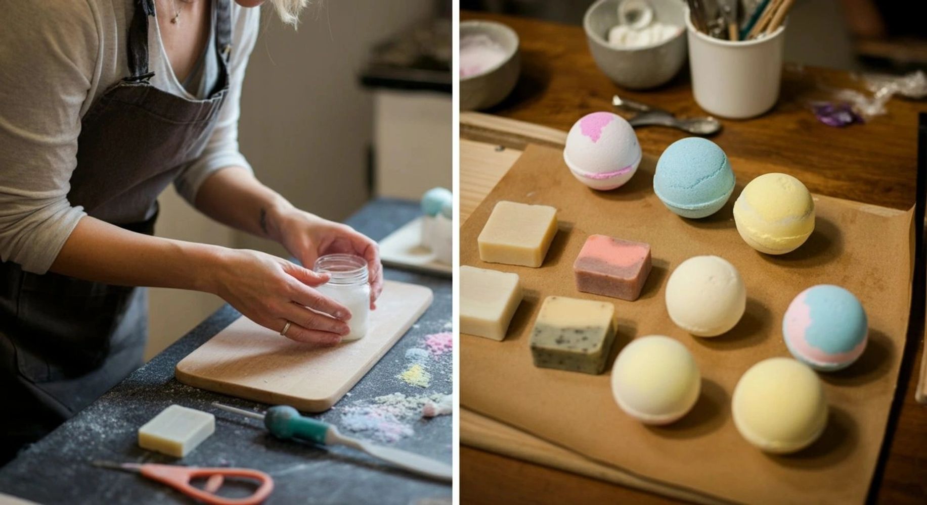 Person making homemade bath bombs and soaps in a cozy kitchen.