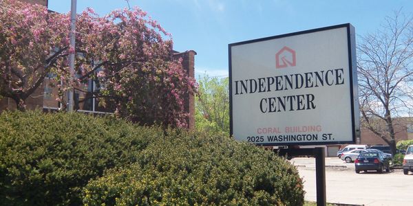 A sign board of the Independence Center